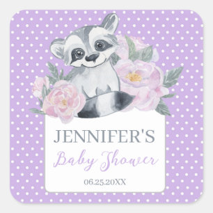Cute Woodland Raccoon Purple Polkadot Baby Shower  Square Sticker