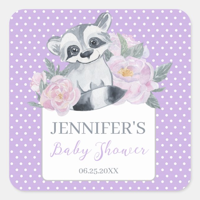 Cute Woodland Raccoon Purple Polkadot Baby Shower  Square Sticker (Front)