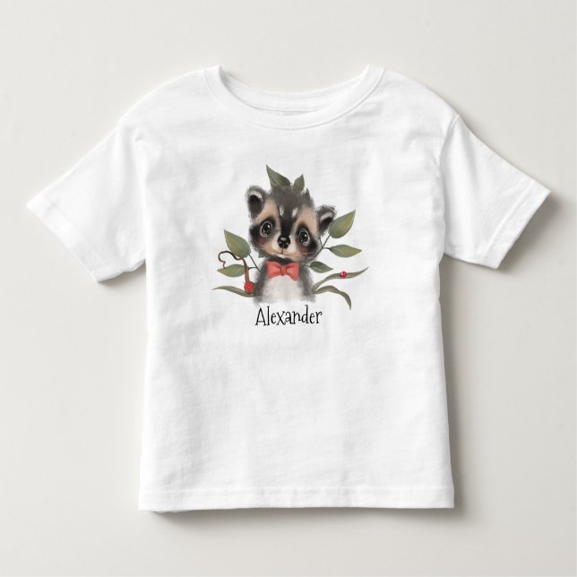 Cute Woodland Raccoon with Child's Name Toddler T-shirt (Front)