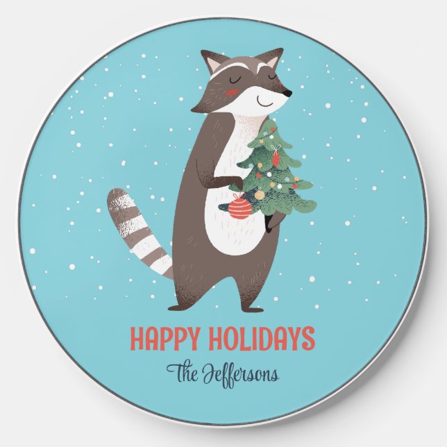 Cute Woodland Racoon Winter Holiday Christmas Wireless Charger (Front)