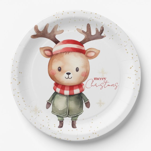 Cute Woodland Reindeer Christmas Elf  Paper Plates (Front)