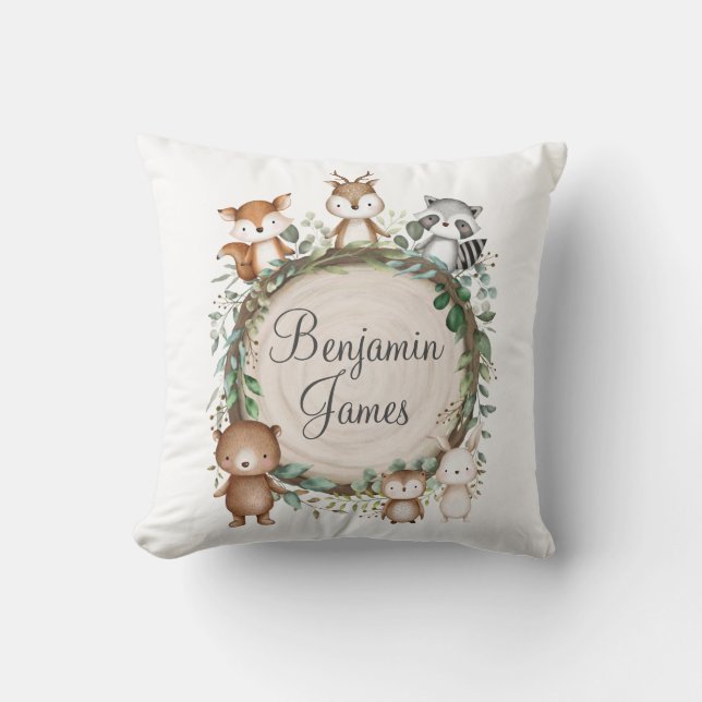 Cute Woodland Rustic Greenery Animals Birth Stats Throw Pillow (Front)
