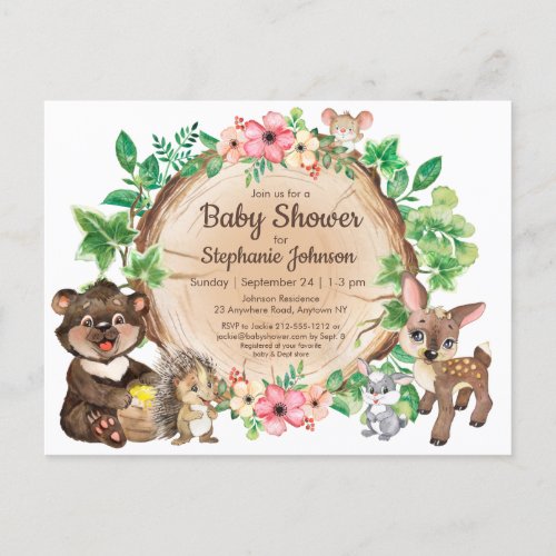 Cute Woodland Rustic Watercolor Animal Baby Shower Postcard