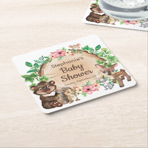 Cute Woodland Rustic Watercolor Animal Baby Shower Square Paper Coaster