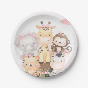 Cute Woodland Safari Animals Girl Baby Shower Paper Plates