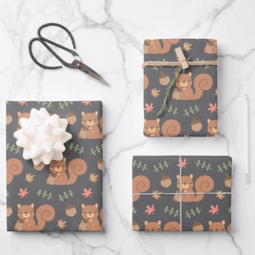 Cute Woodland Squirrel Acorn Autumn Leaves Pattern Wrapping Paper Sheets