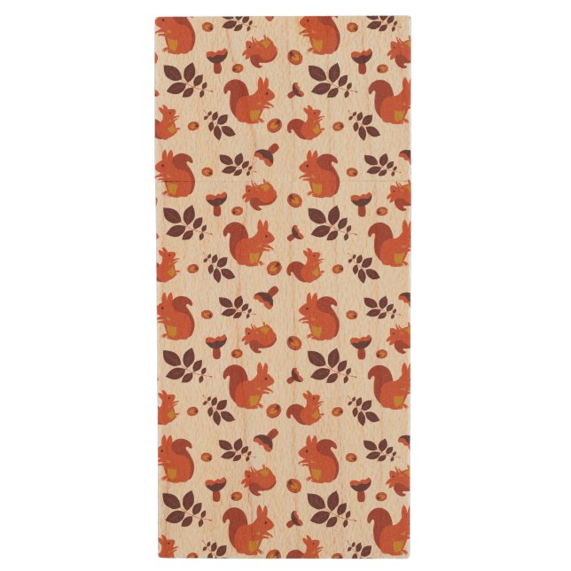 Cute Woodland Squirrel Autumn Pattern Wood Flash Drive (Front Vertical)