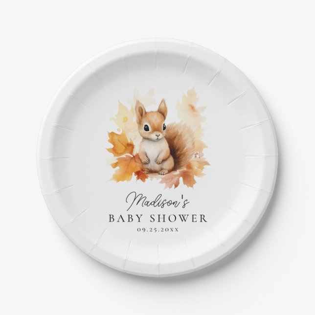 Cute Woodland Squirrel Fall Baby Shower Paper Plates (Front)