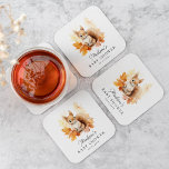 Cute Woodland Squirrel Fall Baby Shower Square Paper Coaster<br><div class="desc">Cute, woodland-themed baby shower coasters featuring a watercolor illustration of a baby squirrel surrounded by fall leaves in shades of orange, red, and yellow. Personalize the baby squirrel baby shower coasters with the mother-to-be's name and date of baby shower. Designed to coordinate with our Cute Woodland Animals Fall Baby Shower...</div>