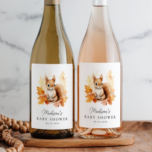 Cute Woodland Squirrel Fall Baby Shower Wine Label