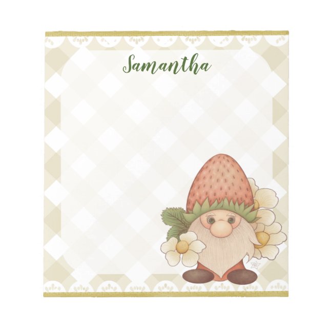 Cute Woodland Strawberry Gnome Notepad (Front)