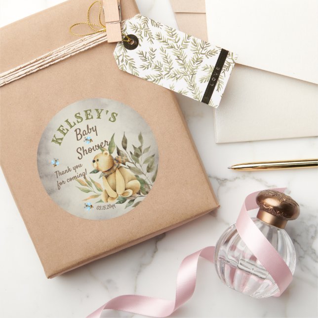 Cute Woodland Teddy Bear Boy Baby Shower Classic Round Sticker (Gifting)