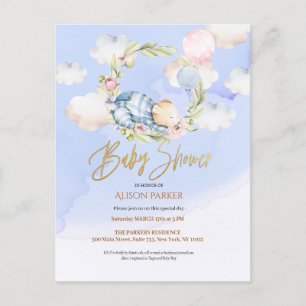 Cute Woodland Teddy Bear Boy Baby Shower Invitatio Postcard