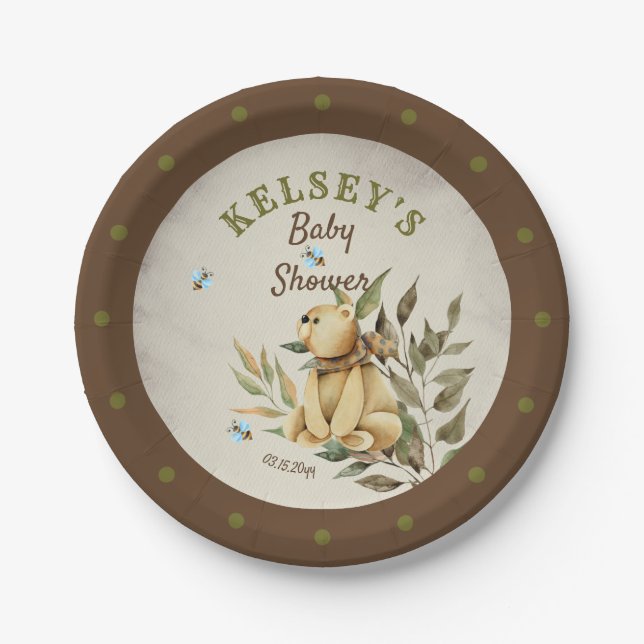 Cute Woodland Teddy Bear Boy Baby Shower Paper Plates (Front)