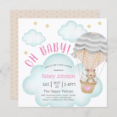 Cute Woodland Teddy Bear Pink Baby Shower Invitation