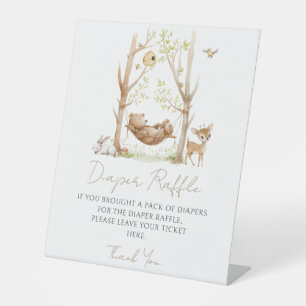Cute Woodland theme baby boy shower diaper raffle Pedestal Sign