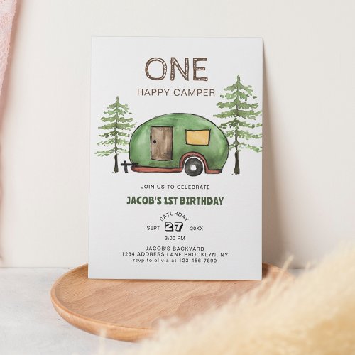 Cute Woodland Truck Happy Camper Kids Birthday Invitation