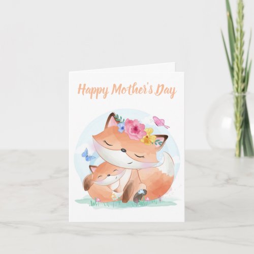 Cute woodland watercolor baby and mother fox card
