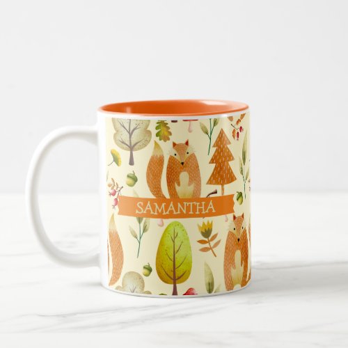 Cute Woodland Watercolor Fox Pattern Fall Trees Two_Tone Coffee Mug