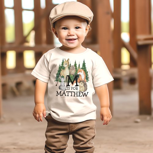 Cute Woodland Watercolor Kids Animals Letter Name T_Shirt