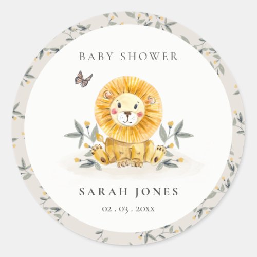 Cute Woodland Watercolor Lion Foliage Baby Shower Classic Round Sticker