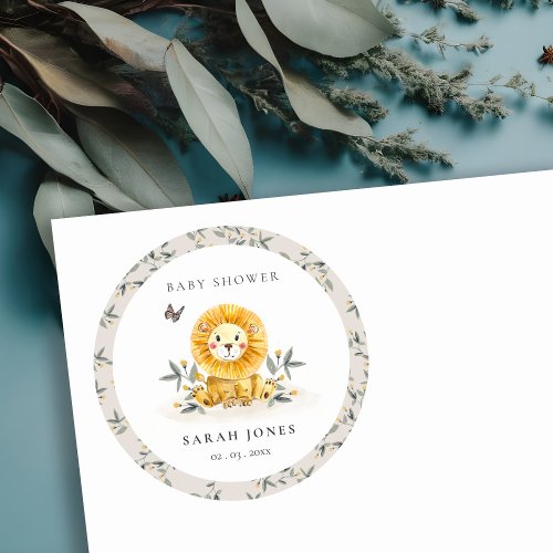 Cute Woodland Watercolor Lion Foliage Baby Shower Classic Round Sticker