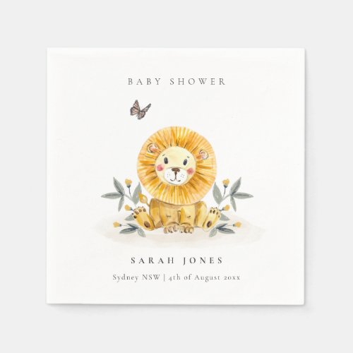 Cute Woodland Watercolor Lion Foliage Baby Shower Napkins
