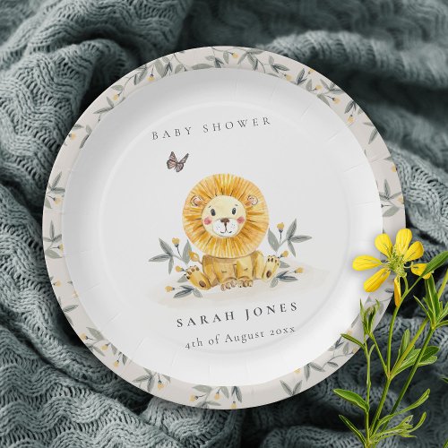 Cute Woodland Watercolor Lion Foliage Baby Shower Paper Plates