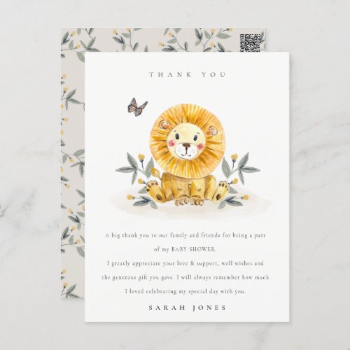 Cute Woodland Watercolor Lion Foliage Baby Shower Postcard