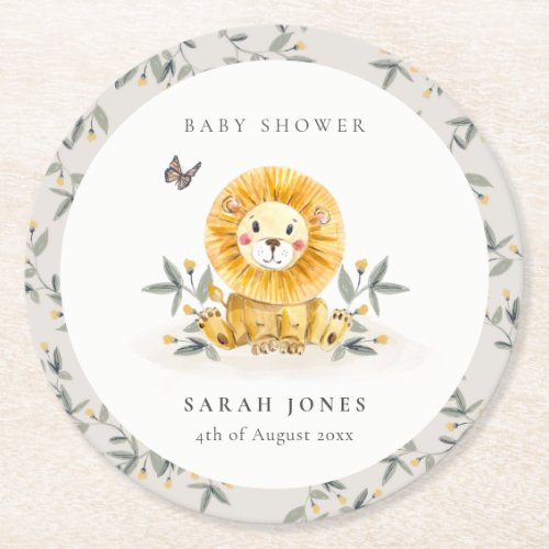 Cute Woodland Watercolor Lion Foliage Baby Shower Round Paper Coaster