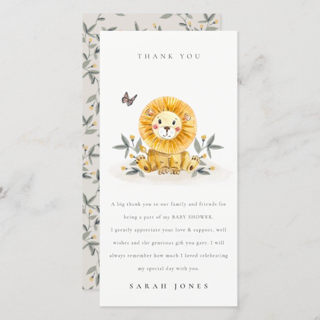 Cute Woodland Watercolor Lion Foliage Baby Shower Thank You Card (Front/Back)