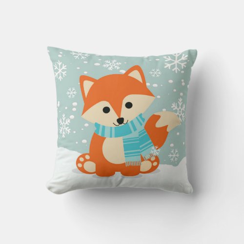Cute Woodland Winter Fox Snowflakes Christmas Throw Pillow