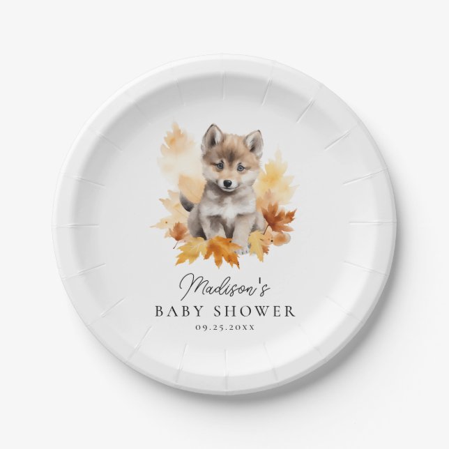Cute Woodland Wolf Pup Fall Baby Shower Paper Plates (Front)