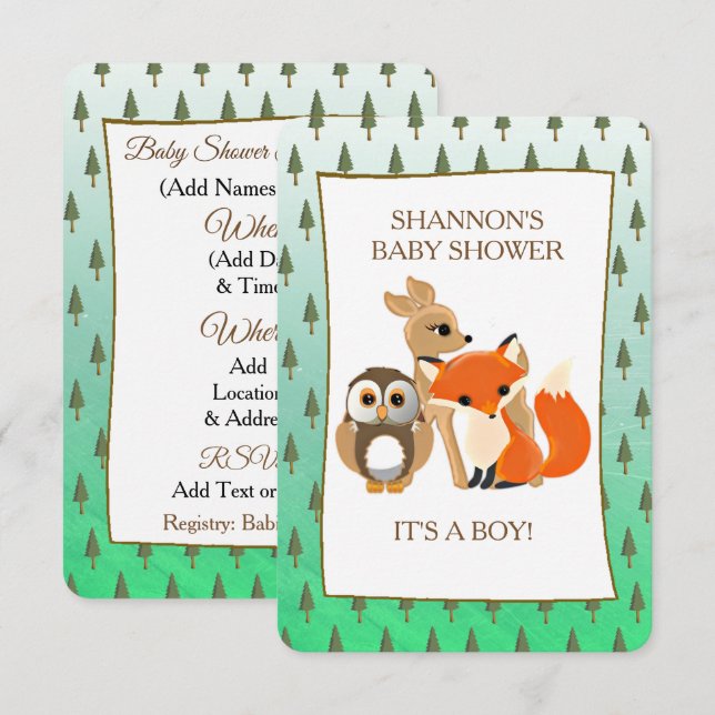 Cute Woodlands Animals Fox Baby Shower Invitation (Front/Back)