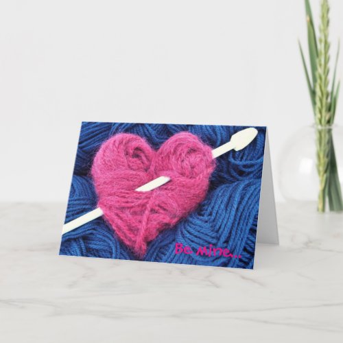 Cute wool heart with knitting needle greeting card