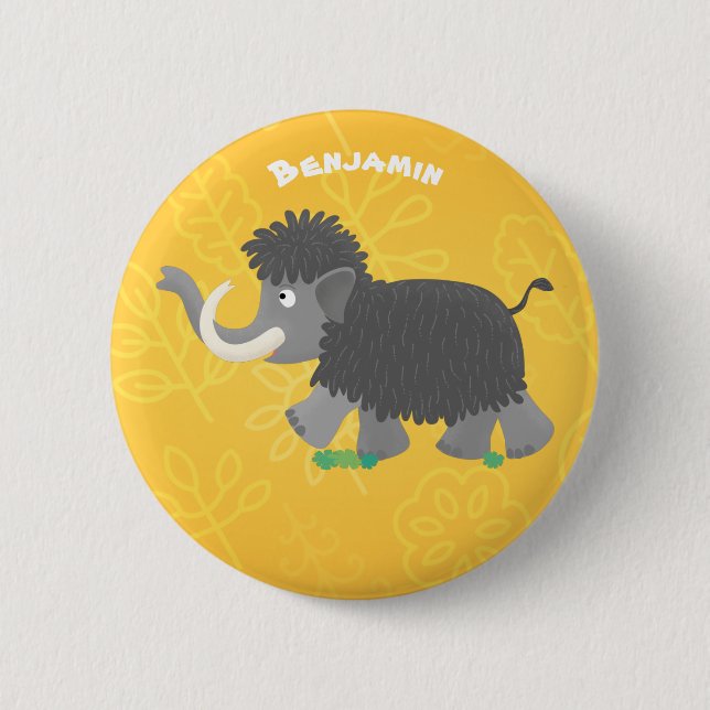 Cute woolly mammoth cartoon illustration button (Front)