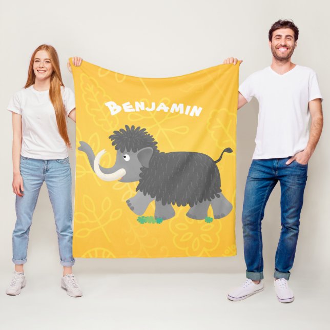 Cute woolly mammoth cartoon illustration fleece blanket (In Situ)