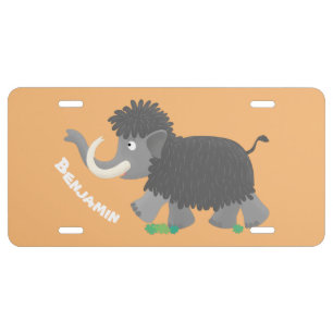 Cute woolly mammoth cartoon illustration license plate
