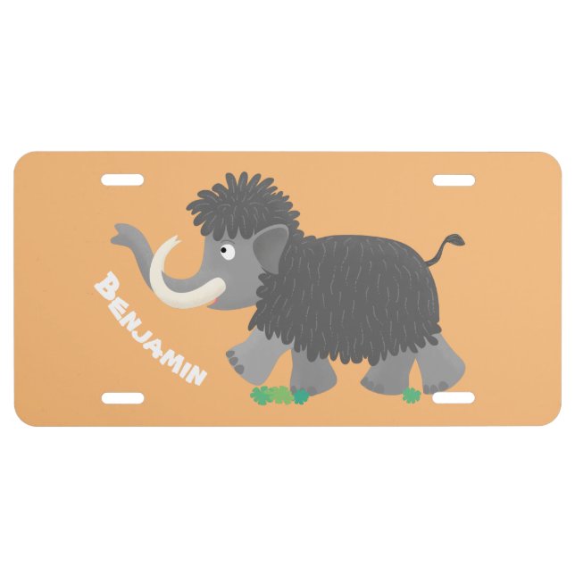 Cute woolly mammoth cartoon illustration  license plate (Front)