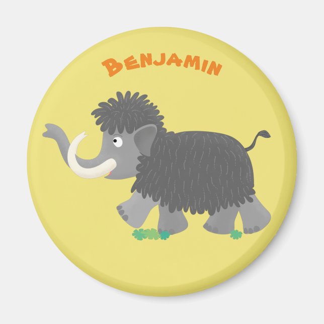 Cute woolly mammoth cartoon illustration magnet (Front)