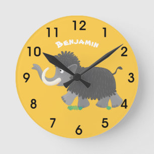Cute woolly mammoth cartoon illustration round clock