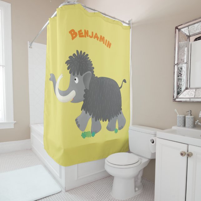 Cute woolly mammoth cartoon illustration shower curtain (In Situ)