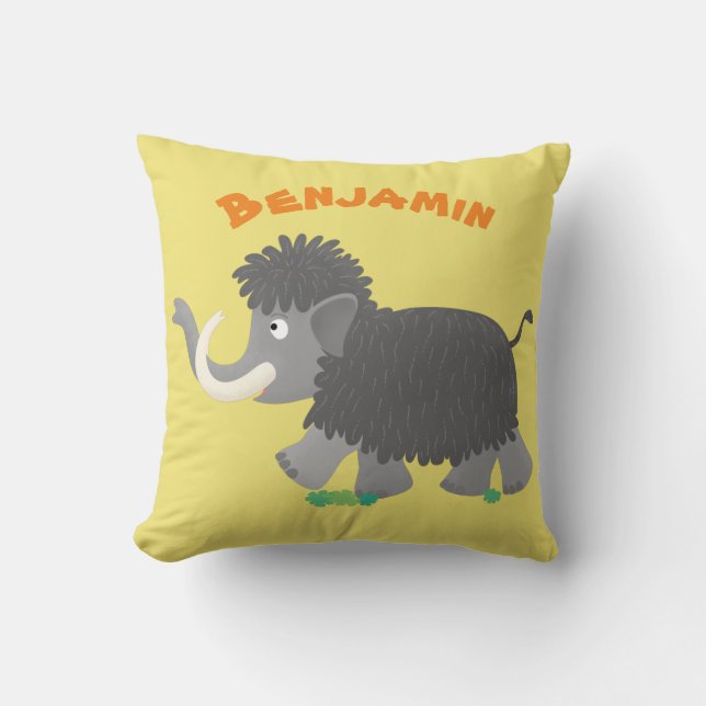 Cute woolly mammoth cartoon illustration throw pillow (Front)