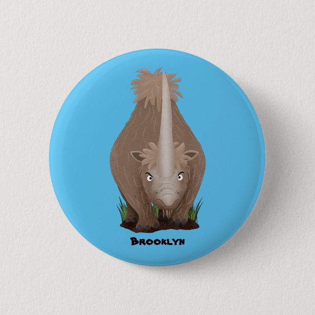 Cute woolly rhino elasmotherium cartoon button (Front)