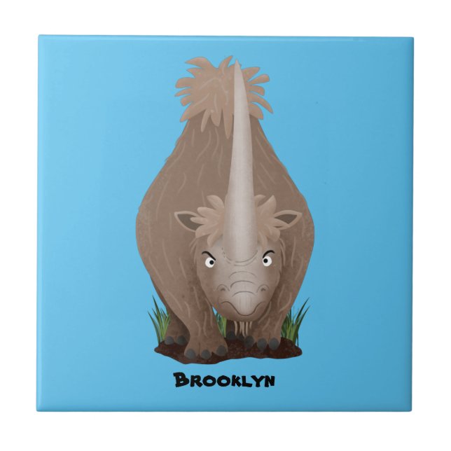 Cute woolly rhino elasmotherium cartoon ceramic tile (Front)