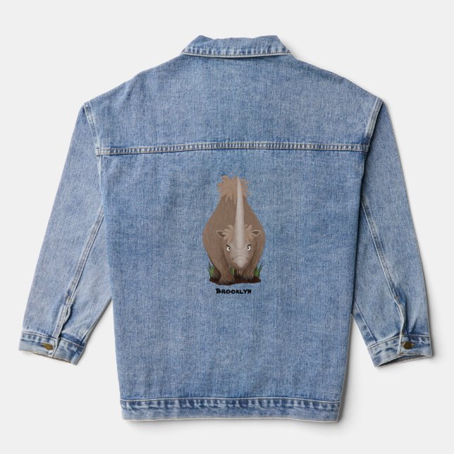 Cute woolly rhino elasmotherium cartoon  denim jacket (Back)
