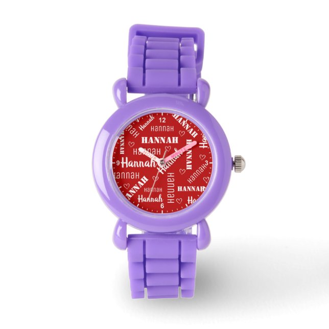 Cute Word Art and Hearts Personalized Name Girls Watch (Front)