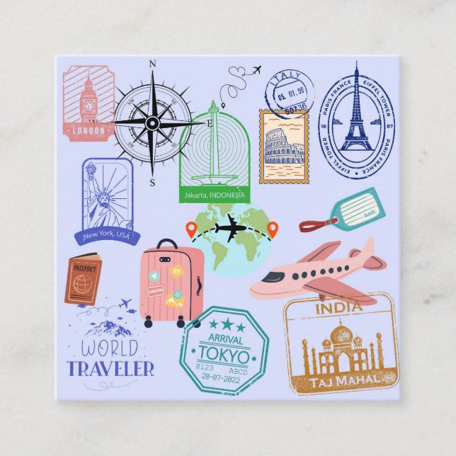  Cute World Traveler Collage Square Business Card (Front)