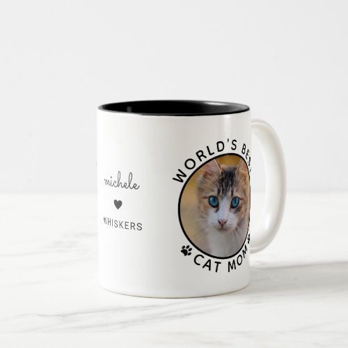 Cute Worlds Best Cat Mom Personalized Name Photo Two_Tone Coffee Mug