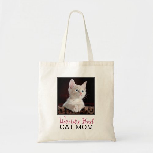 Cute Worlds Best Cat Mom Pink Gray Square Photo Tote Bag